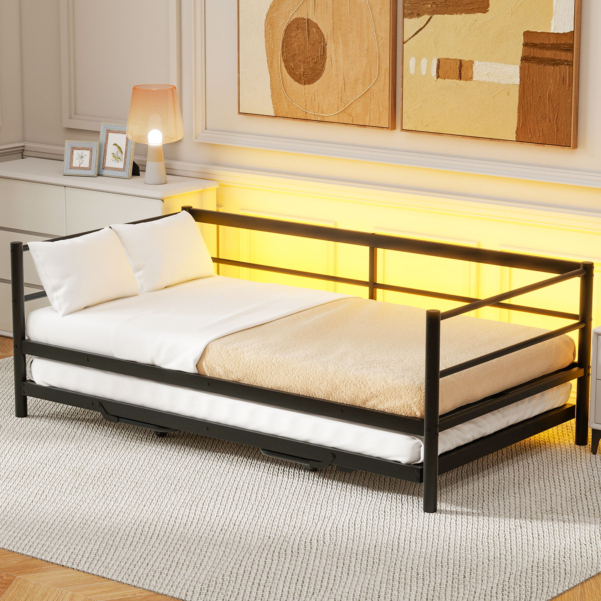 Twin Size Metal Daybed with LED and Adjustable Trundle 4 Twin Size Metal Daybed with LED and Adjustable Trundle