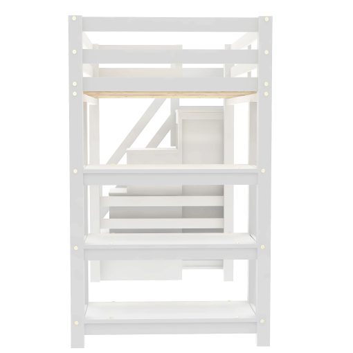 Twin Size Loft Bed with Shelves, Storage Staircase, Wardrobe and LED Light