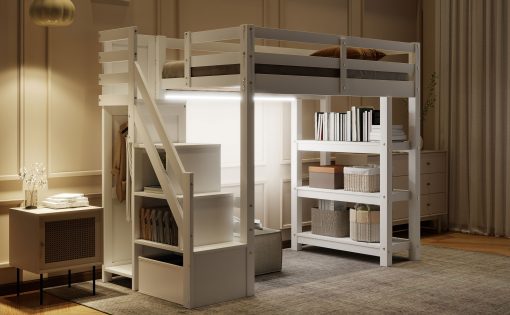 Twin Size Loft Bed with Shelves, Storage Staircase, Wardrobe and LED Light