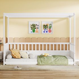 Twin Size Canopy Bed Frame With Guardrails For Kids