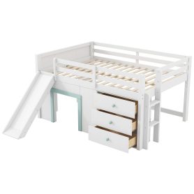 Full Size Low Loft Bed with Slide,Three Storage Drawers and Two Doors