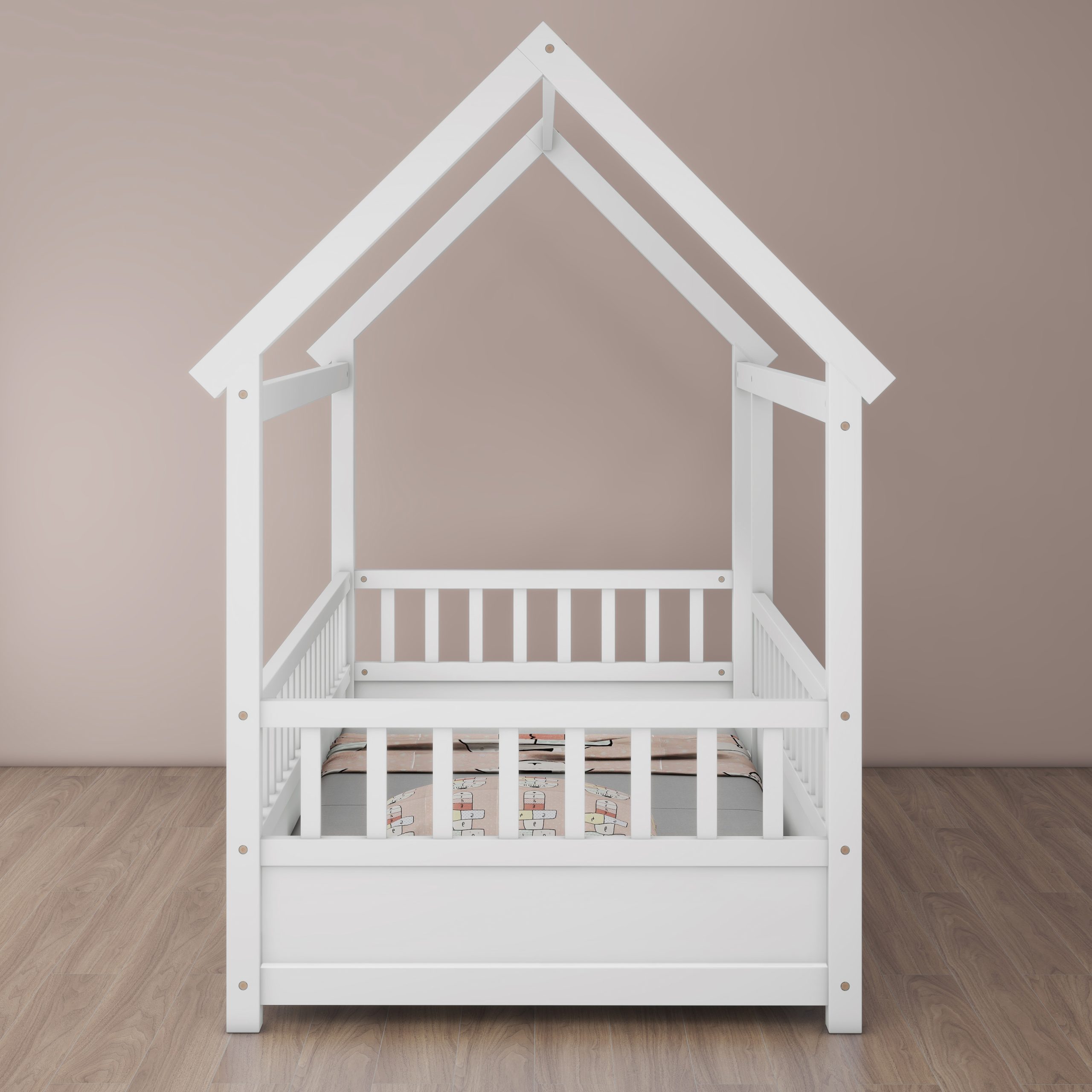 Twin Size Floor Wooden Bed with House Roof Frame, Fence Guardrails