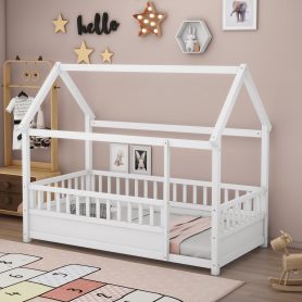 Twin Size Floor Wooden Bed with House Roof Frame, Fence Guardrails