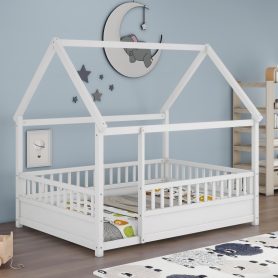 Full Size Floor Wooden Bed with House Roof Frame, Fence Guardrails