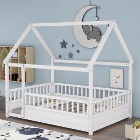 Full Size Floor Wooden Bed with House Roof Frame, Fence Guardrails
