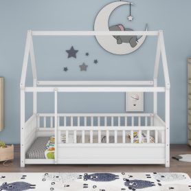 Full Size Floor Wooden Bed with House Roof Frame, Fence Guardrails