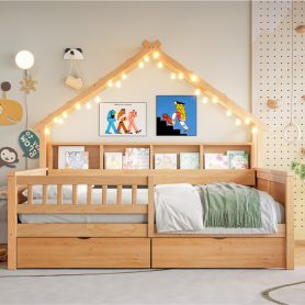 Wood Full Size House Platform Beds With Led, Storage Shelves, Drawers And Guardrail 25 Wood Full Size House Platform Beds With Led, Storage Shelves, Drawers And Guardrail