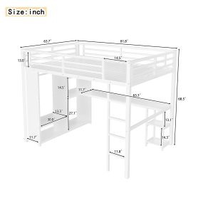 Metal Queen Size Loft Bed Frame With Built-in Wardrobe, Desk And Storage Shelves