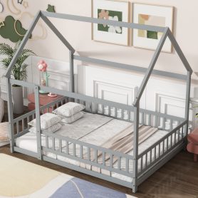 Full Size House Floor Wooden Bed With Roof Frame, Safety Guardrails