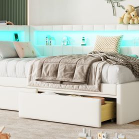 Upholstered Twin Size Platform Bed with USB Ports, 2 Drawers and LED Belt