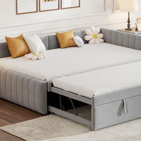 Full Size L-shaped Upholstered Daybed With Twin Size Pop Up Trundle