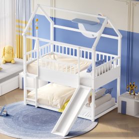Wooden Twin Over Twin Floor Bunk Bed With Safety Guardrail, Convertible Slide And Ladder