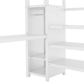 Metal Full Size Loft Bed With L-Shaped Desk, USB, Wardrobe And Adjustable Shelf