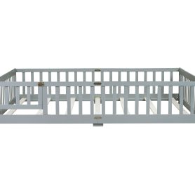 Rubber Wood Queen Size Floor Bed with Fence, Door and Safety Guardrails