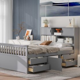 Full Size Captain Platform Bed Frame With Storage Bookcases, Shelves And Four Drawers