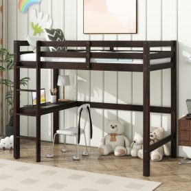 Twin Rubber Wood Loft Bed With Safety Guardrail, Built-in Desk, Ladder