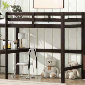 Twin Rubber Wood Loft Bed With Safety Guardrail, Built-in Desk, Ladder