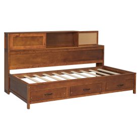Wooden Twin Size Daybed with 3 Storage Drawers, Upper Soft Board, Shelf, and a Set of Sockets and USB Ports