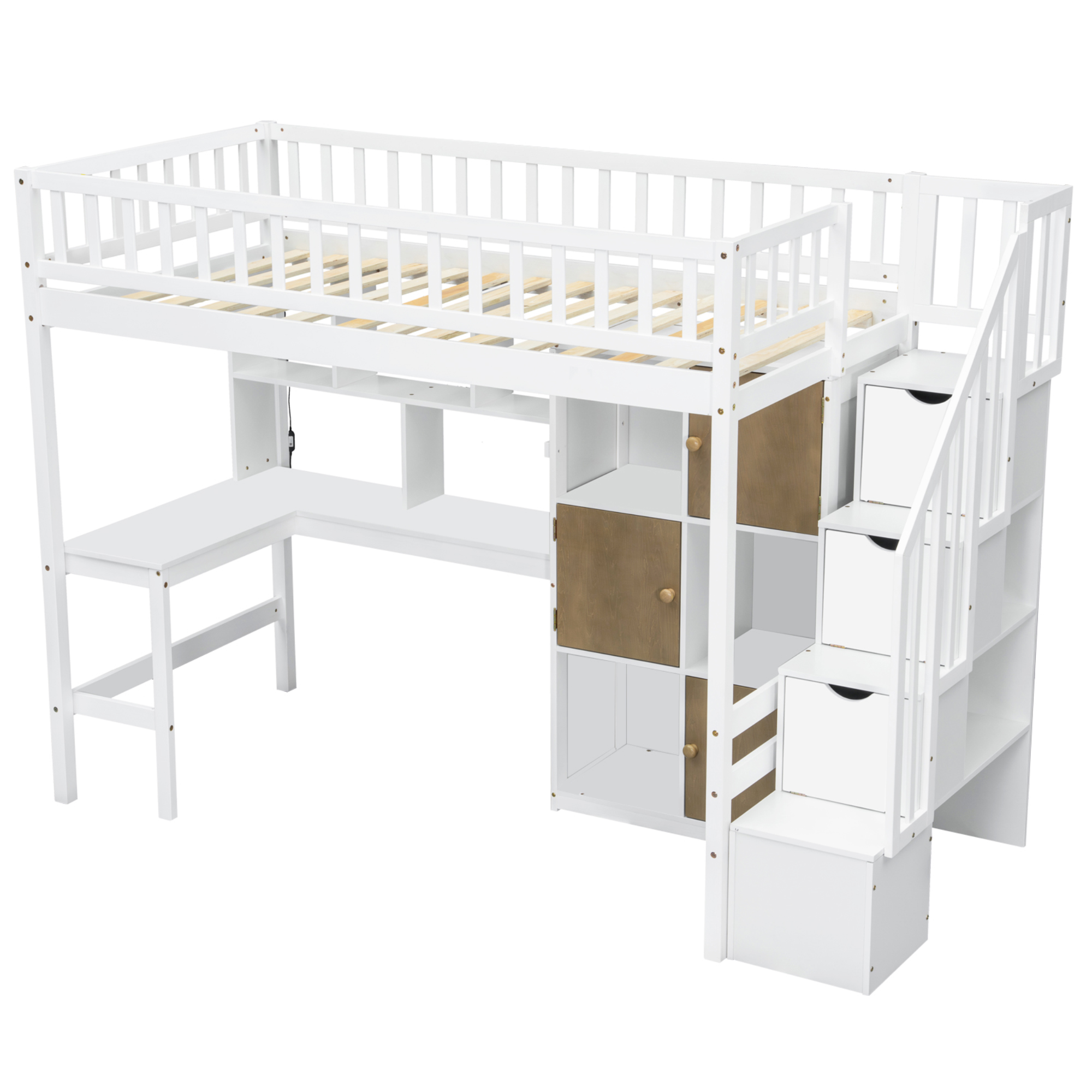 Wood Twin Size Loft Bed with Built-in Desk, LED, Storage Shelves, Cabinets and Staircase 22 Wood Twin Size Loft Bed with Built-in Desk, LED, Storage Shelves, Cabinets and Staircase