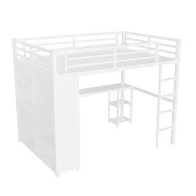 Metal Queen Size Loft Bed Frame With Built-in Wardrobe, Desk And Storage Shelves