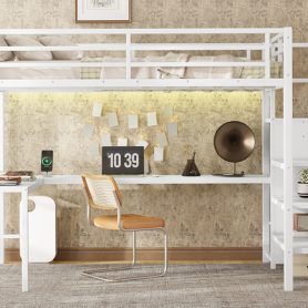 Metal Full Size Loft Bed With L-Shaped Desk, USB, Wardrobe And Adjustable Shelf