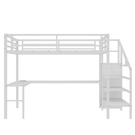 Metal Queen Size High Loft Bed with L-shaped Desk, USB, Wardrobe and Adjustable Shelf
