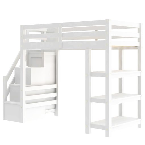 Twin Size Loft Bed with Shelves, Storage Staircase, Wardrobe and LED Light