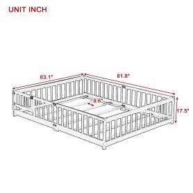 Rubber Wood Queen Size Floor Bed with Fence, Door and Safety Guardrails