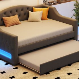 Upholstered Full XL Size Daybed with LED Belt and Trundle