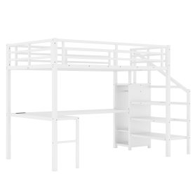 Metal Full Size Loft Bed With L-Shaped Desk, USB, Wardrobe And Adjustable Shelf