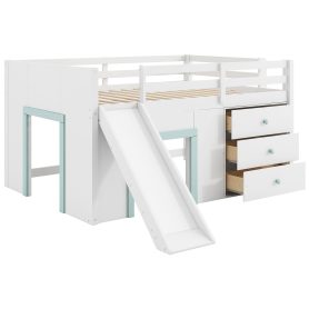 Full Size Low Loft Bed with Slide,Three Storage Drawers and Two Doors
