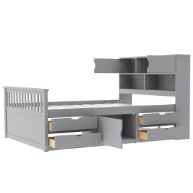 Full Size Captain Platform Bed Frame With Storage Bookcases, Shelves And Four Drawers
