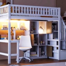 Wood Twin Size Loft Bed with Built-in Desk, LED, Storage Shelves, Cabinets and Staircase 33 Wood Twin Size Loft Bed with Built-in Desk, LED, Storage Shelves, Cabinets and Staircase