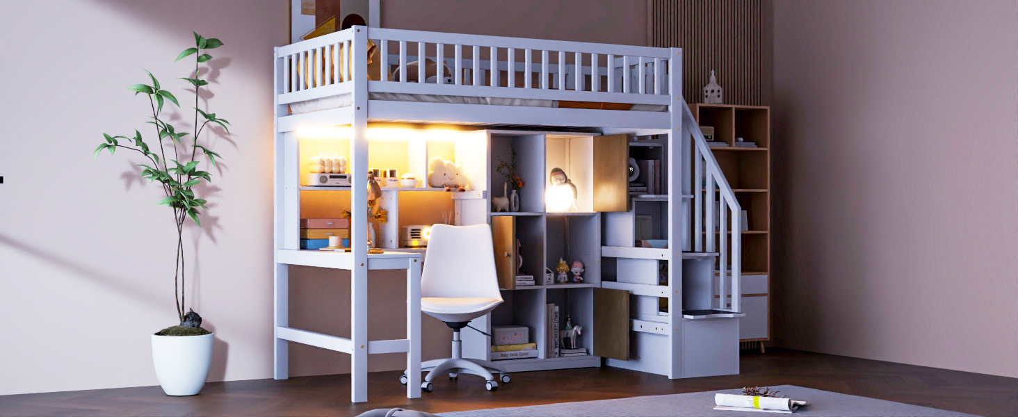 Wood Twin Size Loft Bed with Built-in Desk, LED, Storage Shelves, Cabinets and Staircase 11 Wood Twin Size Loft Bed with Built-in Desk, LED, Storage Shelves, Cabinets and Staircase