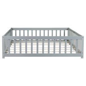 Rubber Wood Queen Size Floor Bed with Fence, Door and Safety Guardrails