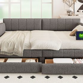 Queen Size Upholstered Platform Bed with USB and 2 Drawers
