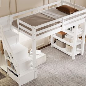 Twin Size Loft Bed with Shelves, Storage Staircase, Wardrobe and LED Light 33 Twin Size Loft Bed with Shelves, Storage Staircase, Wardrobe and LED Light