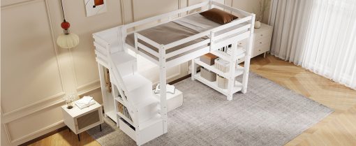 Twin Size Loft Bed with Shelves, Storage Staircase, Wardrobe and LED Light