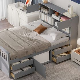 Full Size Captain Platform Bed Frame With Storage Bookcases, Shelves And Four Drawers