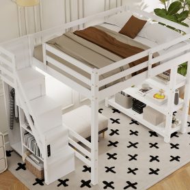 Full Size Loft Bed with Shelves, Storage Staircase, Wardrobe and LED Light