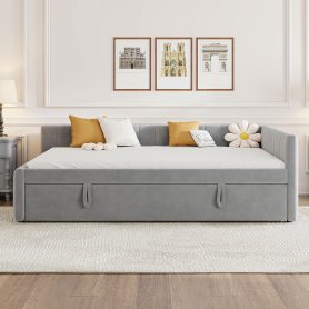 Full Size L-shaped Upholstered Daybed With Twin Size Pop Up Trundle