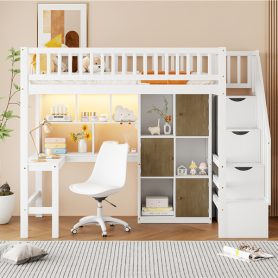 Wood Twin Size Loft Bed with Built-in Desk, LED, Storage Shelves, Cabinets and Staircase 29 Wood Twin Size Loft Bed with Built-in Desk, LED, Storage Shelves, Cabinets and Staircase