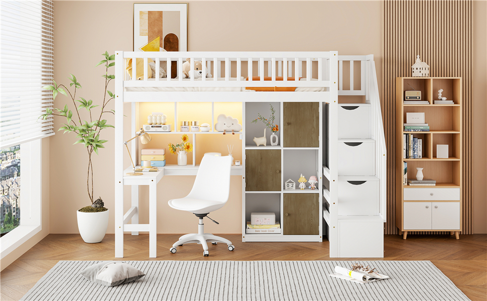 Wood Twin Size Loft Bed with Built-in Desk, LED, Storage Shelves, Cabinets and Staircase 7 Wood Twin Size Loft Bed with Built-in Desk, LED, Storage Shelves, Cabinets and Staircase
