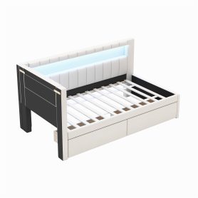 Upholstered Twin Size Platform Bed with USB Ports, 2 Drawers and LED Belt