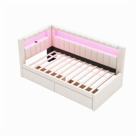 Upholstered Twin Size Platform Bed with USB Ports, 2 Drawers and LED Belt