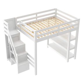 Full Size Loft Bed with Shelves, Storage Staircase, Wardrobe and LED Light