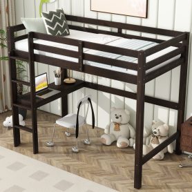 Twin Rubber Wood Loft Bed With Safety Guardrail, Built-in Desk, Ladder