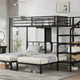 Twin XL over Twin & Twin Bunk Bed Metal Triple Bunk Bed with Desk & Shelves