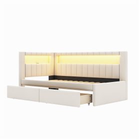 Upholstered Twin Size Platform Bed with USB Ports, 2 Drawers and LED Belt
