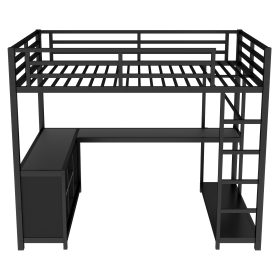 Full Size Loft Bed with Wardrobe, L-shaped Desk, Storage Cubes and Shelves